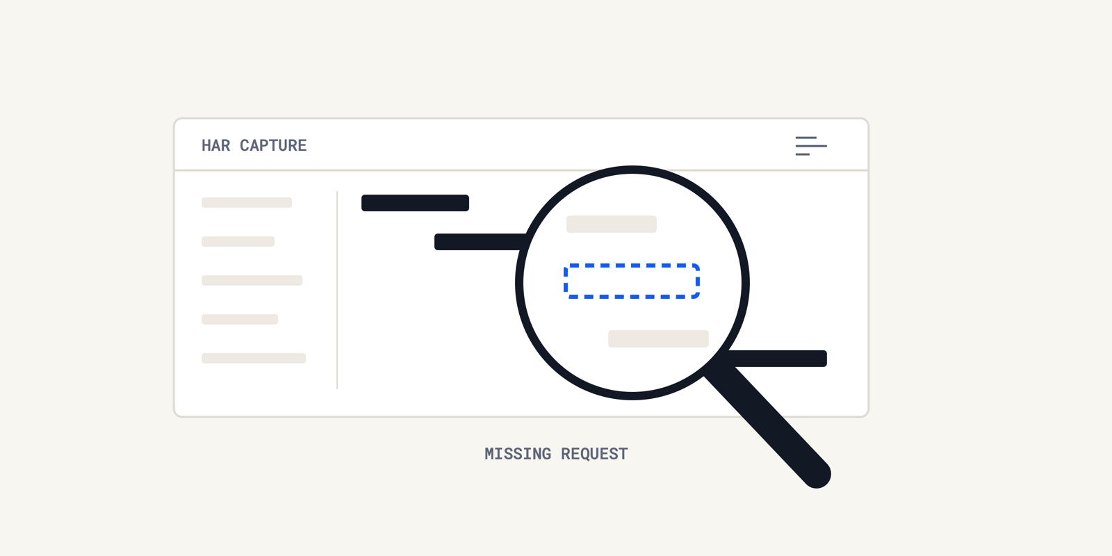 An inspection lens reveals a missing request inside a saved HAR network waterfall before an engineering handoff.
